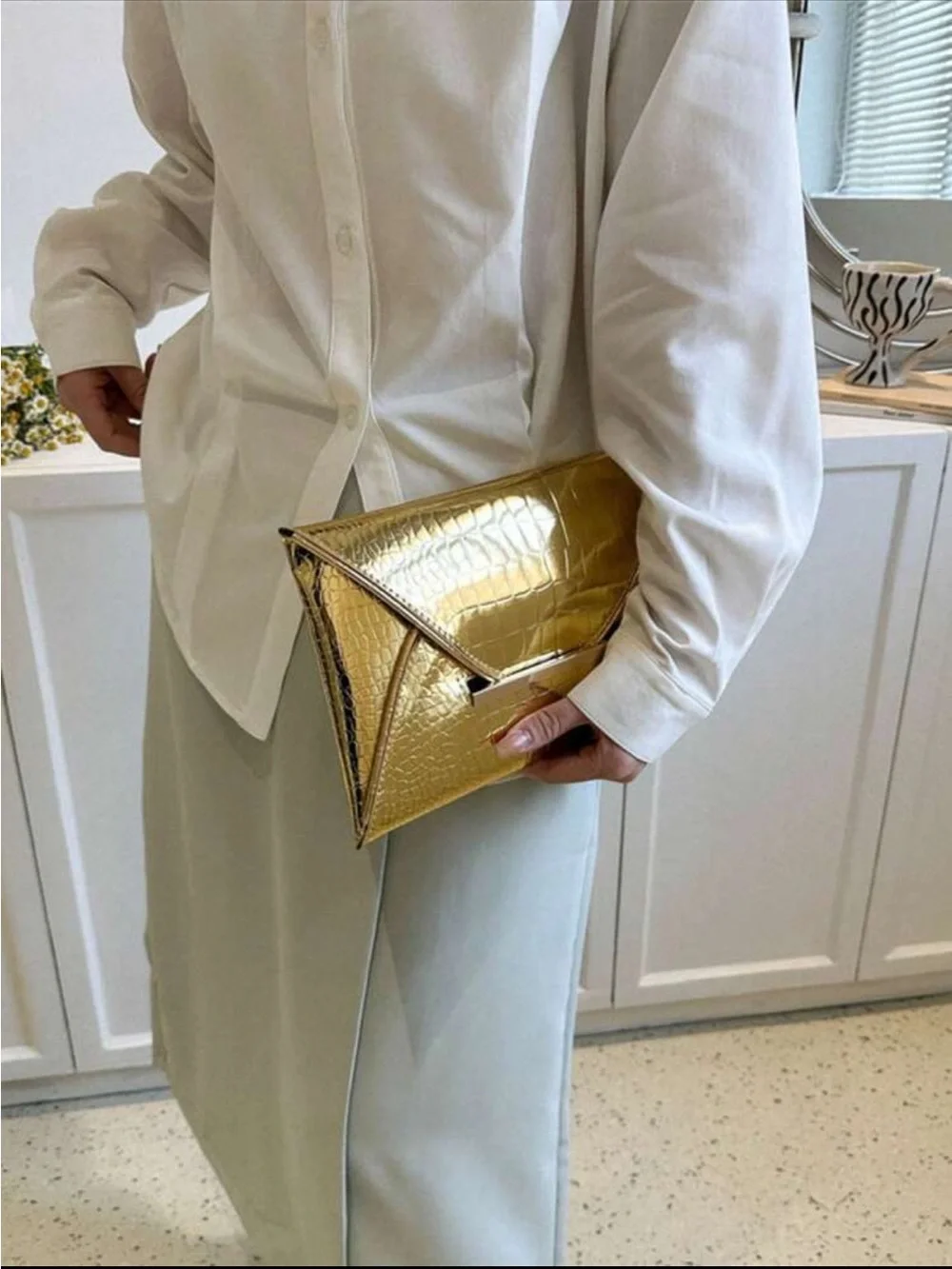 Gold Croc-Embossed Envelope Clutch